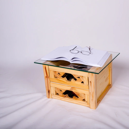 Baule portaoggetti in legno con due cassetti, colore marrone chiaro